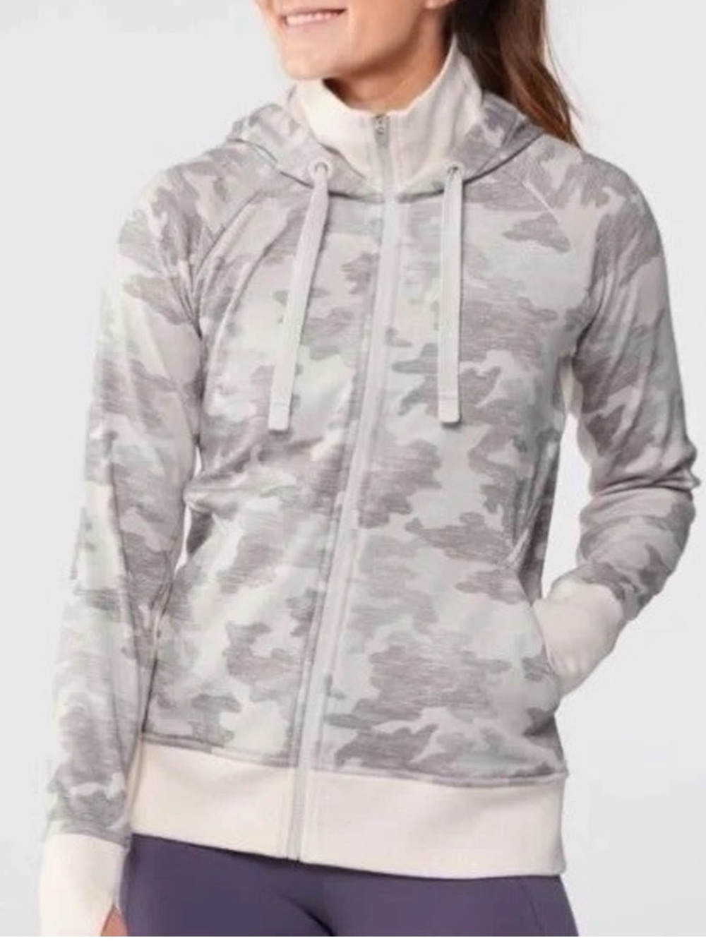 Athleta Triumph Full-Zip Hoodie in a gray and white camouflage pattern size S